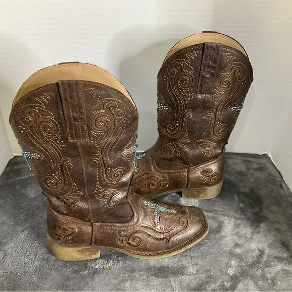 Ariat Roper Brown Studded Kid’sBoots With Rhinestone Cross Square Toe Sz 6.5