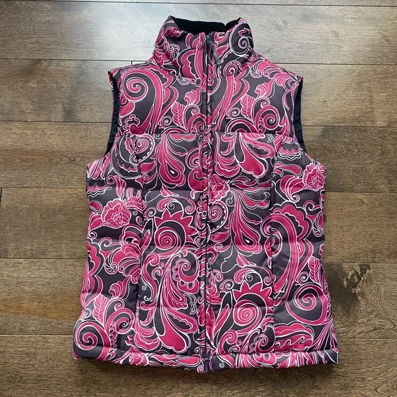Athleta XS Puffer Vest Brown Pink Paisley Floral Like New