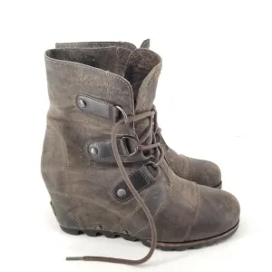 B11 Sorel Joan of Arctic Wedge Mid Women's Boots Size 9 Brown Leather Distressed