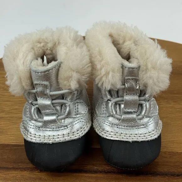 Baby Sorel Kids Caribootie Metallic Silver Leather Insulated Winter Boots Size 3