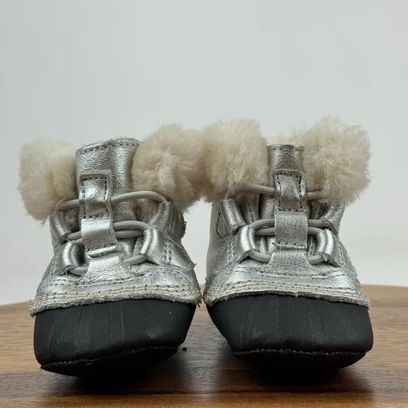Baby Sorel Kids Caribootie Metallic Silver Leather Insulated Winter Boots Size 3