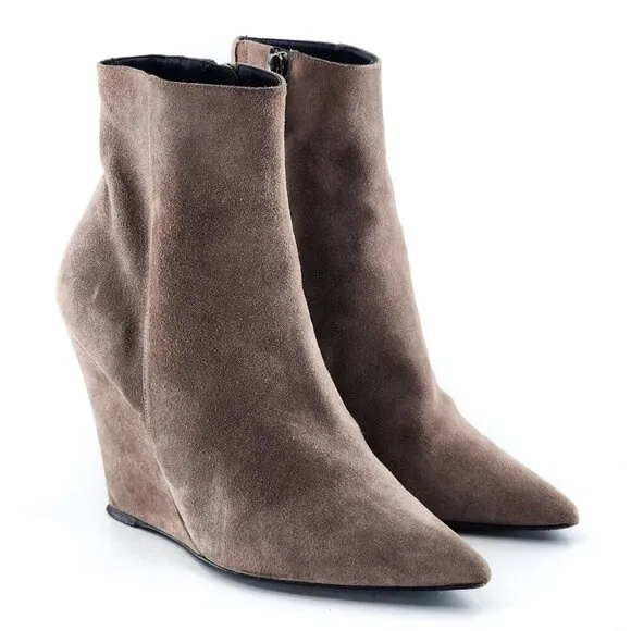 BARBARA BUI Taupe Brown Suede Pointed Toe Wedge Booties Ankle Boots