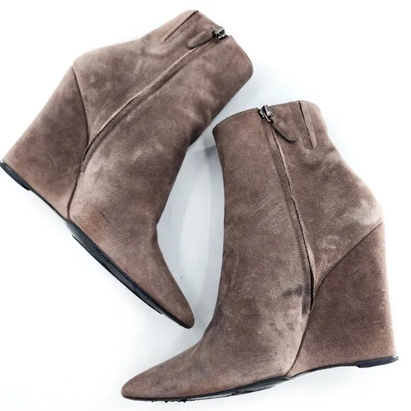 BARBARA BUI Taupe Brown Suede Pointed Toe Wedge Booties Ankle Boots