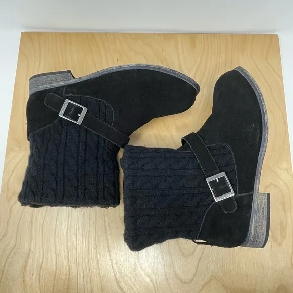 BearPaw Black Suede/Knit Shania Ankle Boots Sz 9