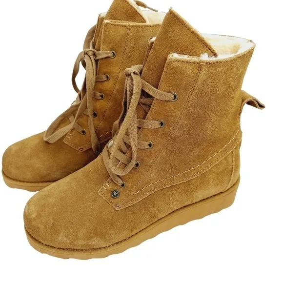 Bearpaw Krista Tan Sheepskin Suede Platform Heeled Ankle Boots Size 8 Brand NEW