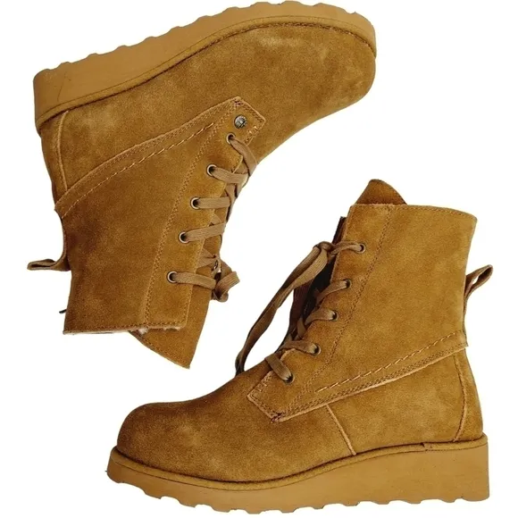 Bearpaw Krista Tan Sheepskin Suede Platform Heeled Ankle Boots Size 8 Brand NEW