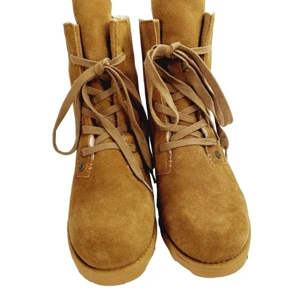 Bearpaw Krista Tan Sheepskin Suede Platform Heeled Ankle Boots Size 8 Brand NEW