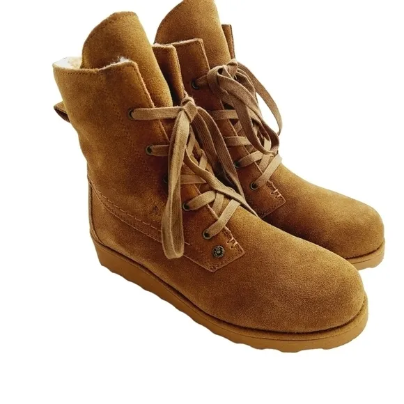 Bearpaw Krista Tan Sheepskin Suede Platform Heeled Ankle Boots Size 8 Brand NEW