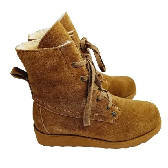 Bearpaw Krista Tan Sheepskin Suede Platform Heeled Ankle Boots Size 8 Brand NEW