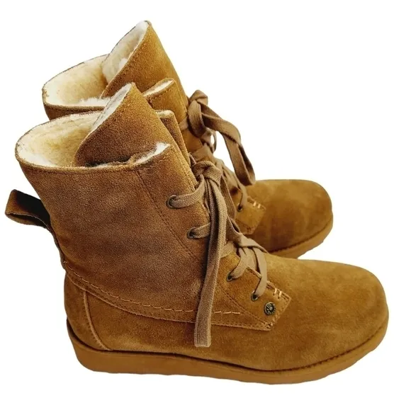 Bearpaw Krista Tan Sheepskin Suede Platform Heeled Ankle Boots Size 8 Brand NEW