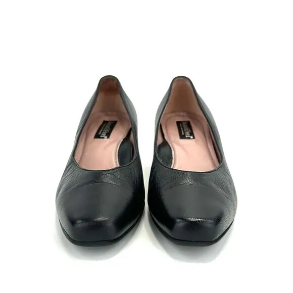 BEAUTIFEEL BLACK LEATHER CLOSED ALMOND TOE KITTEN HEEL ANTISLIP PUMPS