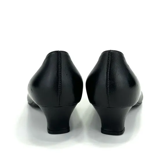 BEAUTIFEEL BLACK LEATHER CLOSED ALMOND TOE KITTEN HEEL ANTISLIP PUMPS