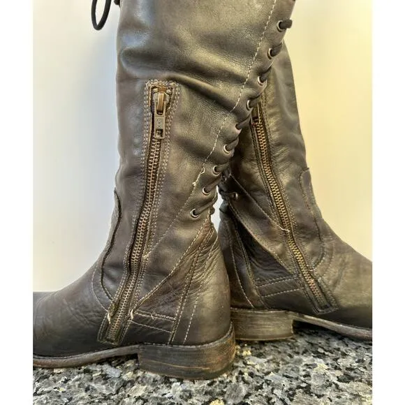 Bed Stu Manchester Knee Leather Back Lace Side Zip Riding Boots Womens Sz 6