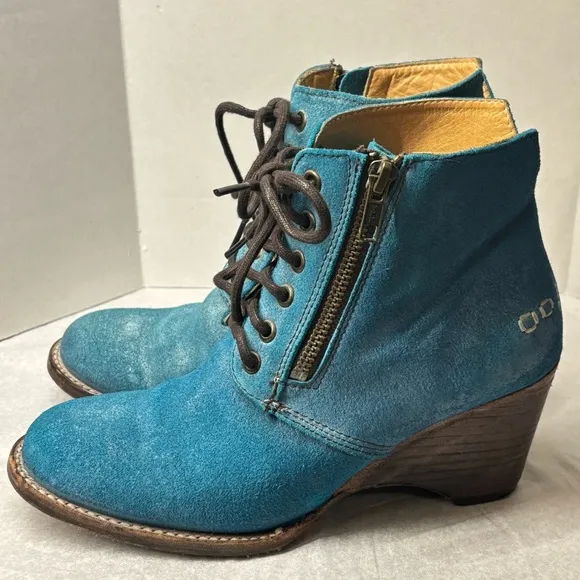 BED STU Turquoise, Suede ANKLE BOOTS WEDGE Distressed Size 7.5