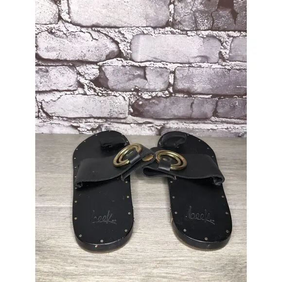 Beek Black Leather Handmade Gold Toe Ring Flats Sandals Women Sz 7M US/38EU