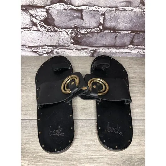 Beek Black Leather Handmade Gold Toe Ring Flats Sandals Women Sz 7M US/38EU