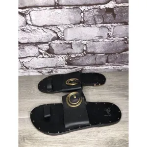 Beek Black Leather Handmade Gold Toe Ring Flats Sandals Women Sz 7M US/38EU