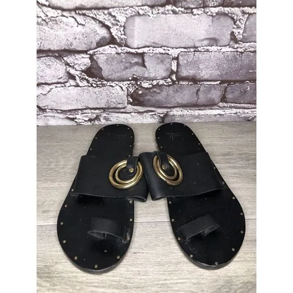 Beek Black Leather Handmade Gold Toe Ring Flats Sandals Women Sz 7M US/38EU