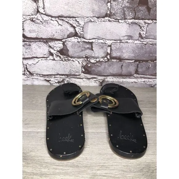Beek Black Leather Handmade Gold Toe Ring Flats Sandals Women Sz 7M US/38EU