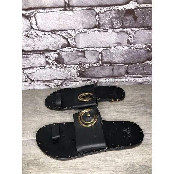 Beek Black Leather Handmade Gold Toe Ring Flats Sandals Women Sz 7M US/38EU