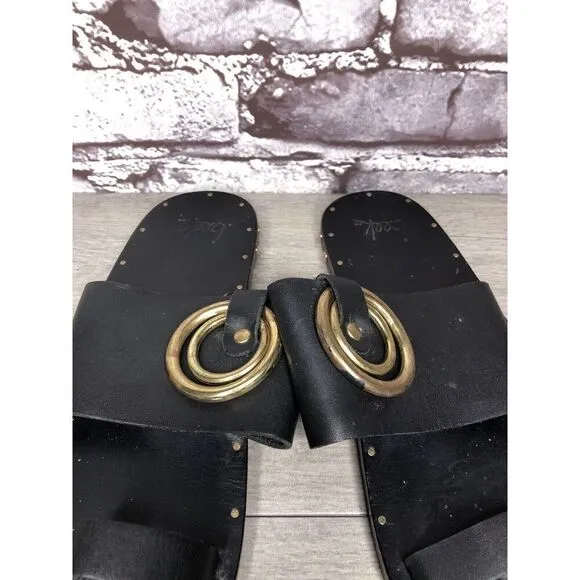 Beek Black Leather Handmade Gold Toe Ring Flats Sandals Women Sz 7M US/38EU