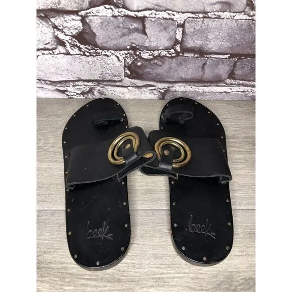 Beek Black Leather Handmade Gold Toe Ring Flats Sandals Women Sz 7M US/38EU
