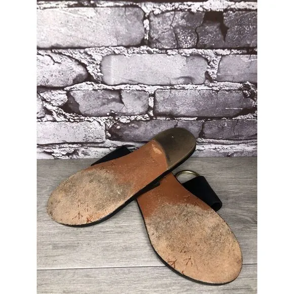 Beek Black Leather Handmade Gold Toe Ring Flats Sandals Women Sz 7M US/38EU