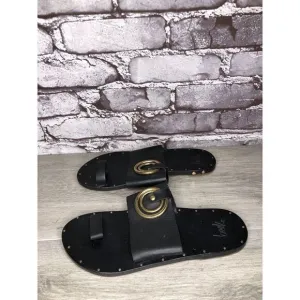 Beek Black Leather Handmade Gold Toe Ring Flats Sandals Women Sz 7M US/38EU