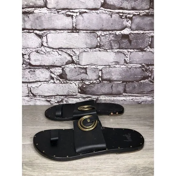 Beek Black Leather Handmade Gold Toe Ring Flats Sandals Women Sz 7M US/38EU