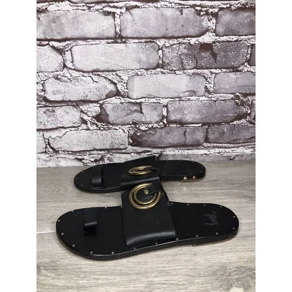 Beek Black Leather Handmade Gold Toe Ring Flats Sandals Women Sz 7M US/38EU