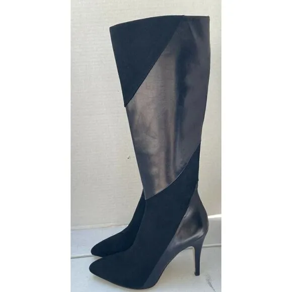 BETTYE MULLER Gigi Leather/Suede Beige Knee High Heel Boots Black Size 39.5EU