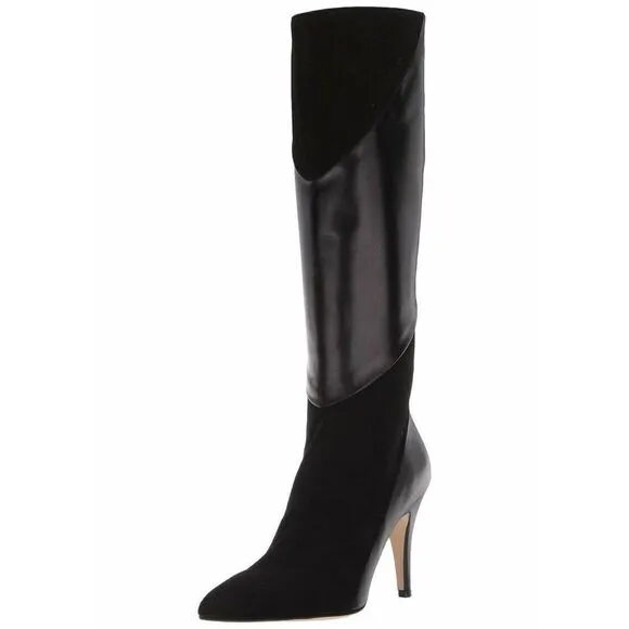 BETTYE MULLER Gigi Leather/Suede Beige Knee High Heel Boots Black Size 39.5EU