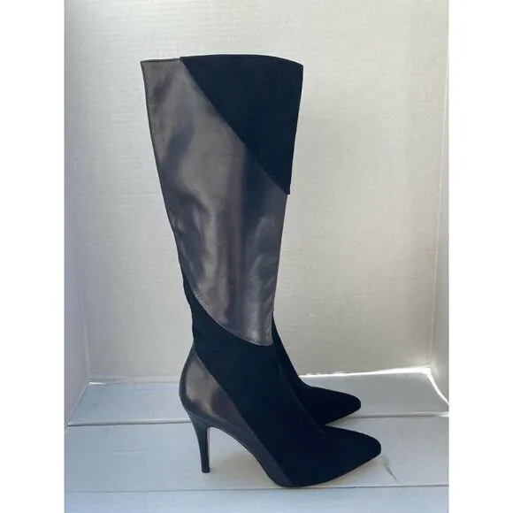 BETTYE MULLER Gigi Leather/Suede Beige Knee High Heel Boots Black Size 39.5EU