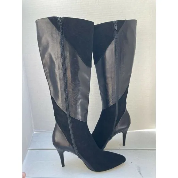 BETTYE MULLER Gigi Leather/Suede Beige Knee High Heel Boots Black Size 39.5EU