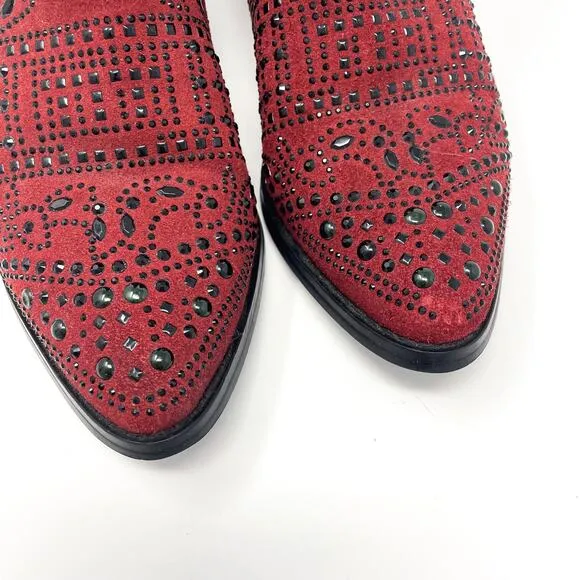BIBI LOU Anthropologie Red Suede Studded Western Ankle Booties