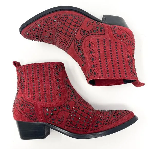 BIBI LOU Anthropologie Red Suede Studded Western Ankle Booties