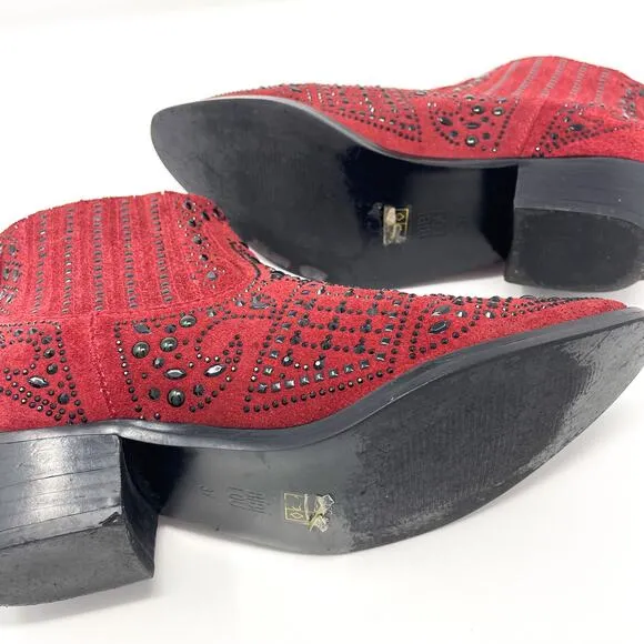 BIBI LOU Anthropologie Red Suede Studded Western Ankle Booties