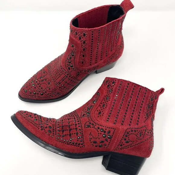 BIBI LOU Anthropologie Red Suede Studded Western Ankle Booties
