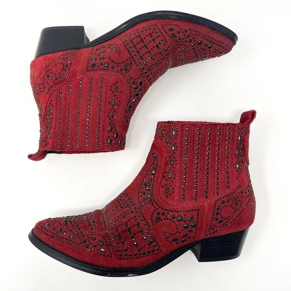 BIBI LOU Anthropologie Red Suede Studded Western Ankle Booties
