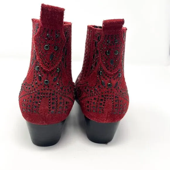 BIBI LOU Anthropologie Red Suede Studded Western Ankle Booties