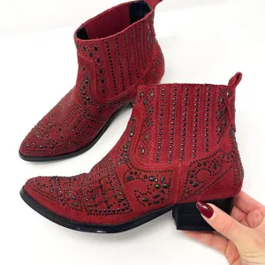 BIBI LOU Anthropologie Red Suede Studded Western Ankle Booties