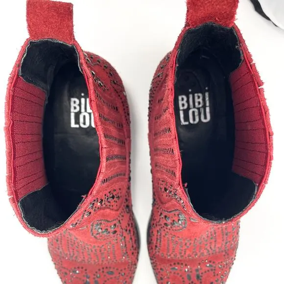 BIBI LOU Anthropologie Red Suede Studded Western Ankle Booties