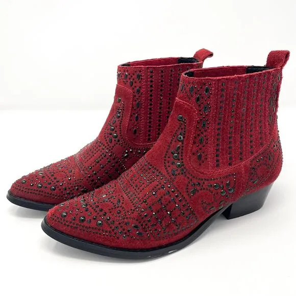 BIBI LOU Anthropologie Red Suede Studded Western Ankle Booties