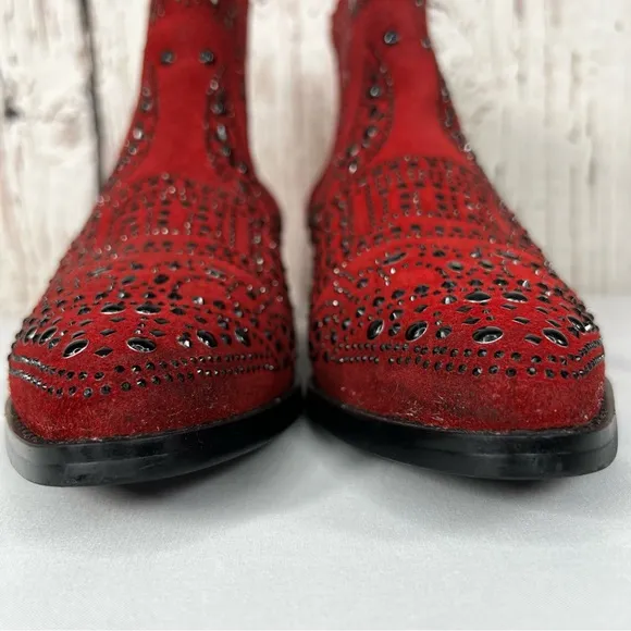 BiBi Lou Rhinestone Maroon Studded Embellished Leather Ankle Booties Boots SZ 38
