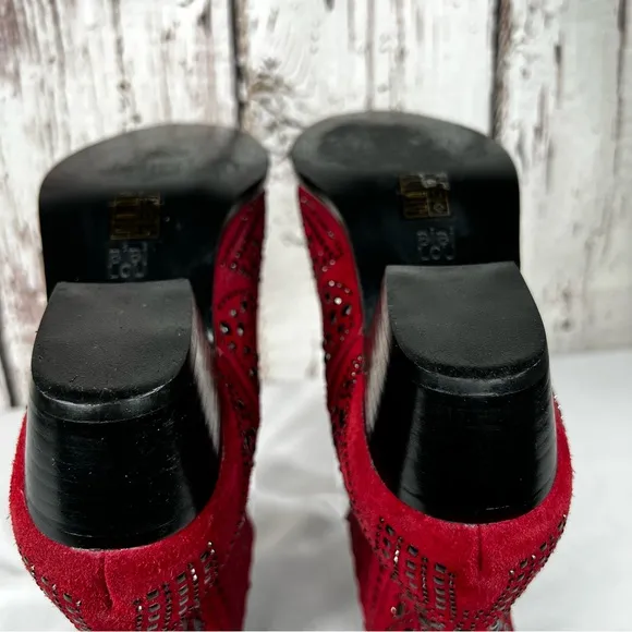 BiBi Lou Rhinestone Maroon Studded Embellished Leather Ankle Booties Boots SZ 38