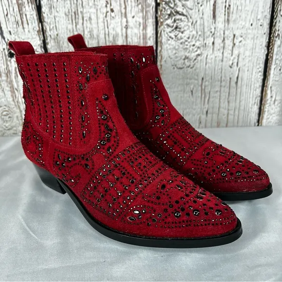 BiBi Lou Rhinestone Maroon Studded Embellished Leather Ankle Booties Boots SZ 38