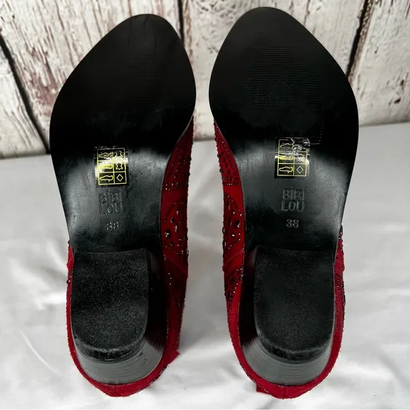 BiBi Lou Rhinestone Maroon Studded Embellished Leather Ankle Booties Boots SZ 38