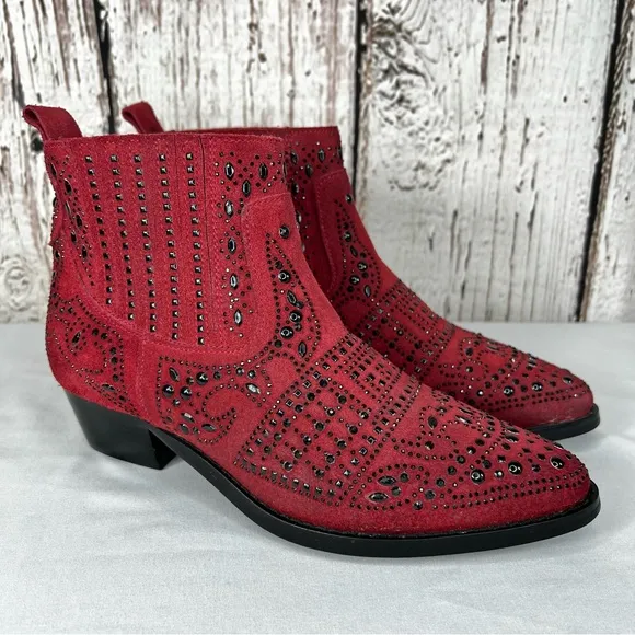 BiBi Lou Rhinestone Maroon Studded Embellished Leather Ankle Booties Boots SZ 38
