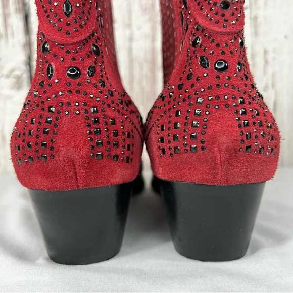 BiBi Lou Rhinestone Maroon Studded Embellished Leather Ankle Booties Boots SZ 38