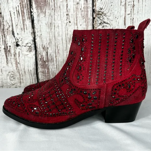BiBi Lou Rhinestone Maroon Studded Embellished Leather Ankle Booties Boots SZ 38